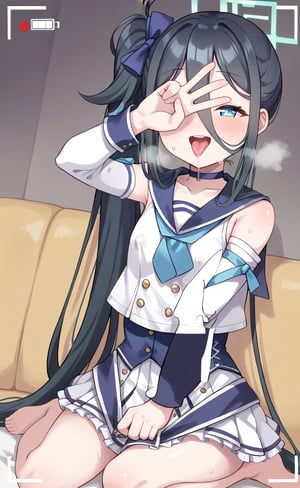 score_9, score 8_up, score_7 up, hot breath, sweat, dutch angle, heart, run, full body,
aris-idol, aris \(blue archive\), blue eyes, side ponytail, black hair, absurdly long hair, hair between eyes, hair ribbon, halo, choker, idol clothes, sailor collar, detached sleeves, corset, pleated skirt, frilled skirt, 
very blushing, 
indoor, Living room, sitting on the sofa,
covered nipples, smile, half-closed eyes, recording, viewfinder, one hand covering eyes, tongue out, saliva, V sign