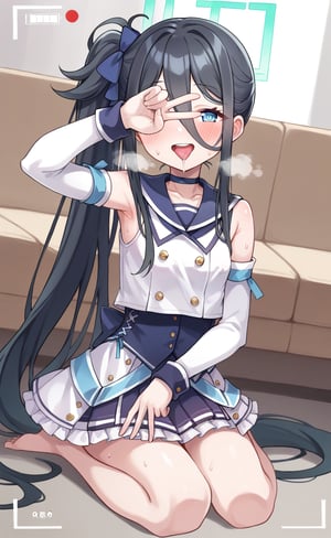 score_9, score 8_up, score_7 up, hot breath, sweat, dutch angle, heart, run, full body,
aris-idol, aris \(blue archive\), blue eyes, side ponytail, black hair, absurdly long hair, hair between eyes, hair ribbon, halo, choker, idol clothes, sailor collar, detached sleeves, corset, pleated skirt, frilled skirt, 
very blushing, 
indoor, Living room, sitting on the sofa,
covered nipples, smile, half-closed eyes, recording, viewfinder, one hand covering eyes, tongue out, saliva, V sign