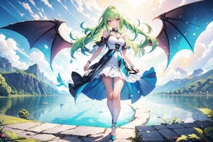 A 20-year-old girl, with long light green hair, wavy hair, white lace skirt, lace socks, high heels, wings, smiling, by the lake,