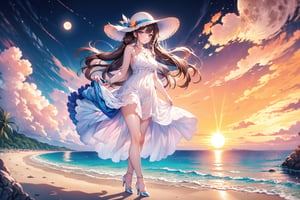 An 18-year-old girl, at the beach, with long brown hair, wavy hair, pigtails, ponytail, breastless dress, stockings, high heels, necklace, moon, sun hat,
