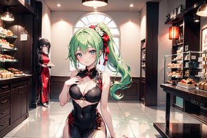 1 girl with glasses, 1 22-year-old girl, smiling, waist-length hair, knee-length hair, wavy hair, side ponytail hair, mixed-color long hair, gradient long hair, chest-baring top, light Red and black cheongsam, sandals, long light green hair, in a cake shop, talking