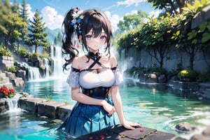 A girl with glasses, a 20-year-old beautiful girl, cool dress, smiling, with a mole under her right eye, long wavy hair, long hair shawl, long side ponytail, waist-length hair, sky blue two-color long hair , pleated long skirt, short sleeves, off the shoulders, 2 white ghosts, in the hot spring pool, soaking in the hot spring,,,,         