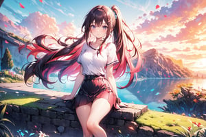 A 20-year-old girl with a smile, waist-long, wavy hair, side ponytail, short top, short skirt, sandals, off-white long hair, on the hillside