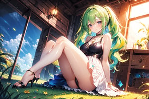 An 18-year-old girl, on the grass, with long light green hair, wavy hair, pigtails, ponytail, breastless dress, stockings, high heels, necklace, angel, devil, smiling,