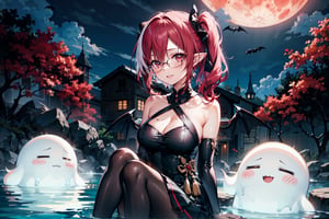 A girl with glasses, a 20-year-old beautiful girl, cool dress, smiling, with a mole under her right eye, long wavy hair, long hair shawl, long side ponytail, waist-length hair, sky blue two-color long hair , pleated long skirt, short sleeves, off the shoulders, 2 white ghosts, in the hot spring pool, soaking in the hot spring,,,,         source_anime, cel shading \(2d\), anime screencap, 1girl, pale skin, maroon hair, long hair, asymmetric bangs, maroon eyes, pointy ears, bat wings, black dress, detached sleeves, detached collar, pantyhose, sway back, finger to mouth, shushing, bats, night, red moon