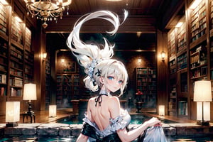 A girl with glasses, a 20-year-old beautiful girl, cool dress, smiling, with a mole under her right eye, long wavy hair, long hair shawl, long side ponytail, waist-length hair, sky blue two-color long hair , pleated long skirt, short sleeves, off the shoulders, 2 white ghosts, in the hot spring pool, soaking in the hot spring,,,,         In this 8K illustration, an enchanting scene unfolds in an antique library. (More elaborate intricate details: 1.2), a stunning 17-year-old girl sits on a luxurious leather sofa. She is bathed in the warm glow of an antique light fixture, highlighting her porcelain skin and delicate features. Her long blonde hair flows down her back, and her blunt bangs frame her heart-shaped face. Her piercing blue eyes sparkle beneath almond-shaped eyelids, and she is dressed in a white suit. The intricate details of the library's architecture and books provide an exquisite backdrop for this timeless elegance. (4D physics-based rendering, detailed background, more detailed subject description), Generic hands, accurate fingers, realistic skin texture, best quality, highly detailed and delicate details Description: 1.2,