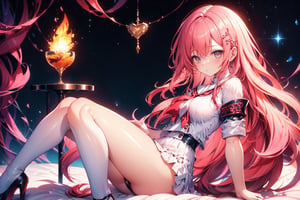 A youthful girl, aged 20, sits elegantly on a lace-covered bed, her long pink locks cascading down her back like a fiery waterfall. Her wavy hair frames her heart-shaped face as she dons a crisp white sailor suit, complete with knee-high stockings and towering high heels, exuding confidence and playfulness.