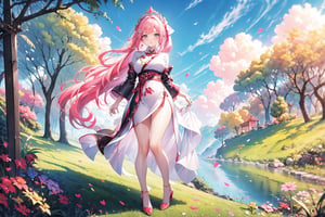 A 17-year-old girl, with long pink hair, side ponytail, wavy hair, white cheongsam, high heels, smiling, framed glasses, and big bow headdress, on a grassy slope.