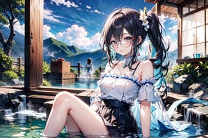 A girl with glasses, a 20-year-old beautiful girl, cool dress, smiling, with a mole under her right eye, long wavy hair, long hair shawl, long side ponytail, waist-length hair, sky blue two-color long hair , pleated long skirt, short sleeves, off the shoulders, 2 white ghosts, in the hot spring pool, soaking in the hot spring,,,,         