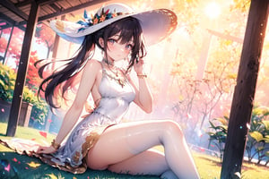 A whimsical afternoon scene: an 18-year-old girl sits serenely on lush green grass, long white locks flowing like silk in pigtails adorned with tiny bows, framing her radiant smile. An open-breasted dress exposes toned physique, paired with sheer stockings and high heels adding elegance. Delicate necklace glimmers around neck as she tilts sun hat with small foreign-inspired design towards the warm sunny day.