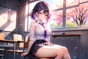 long hair, breasts, looking at viewer, blush, smile, short hair, bangs, blue eyes, multiple girls, skirt, large breasts, shirt, black hair, hair ornament, long sleeves, 2girls, sitting, closed mouth, school uniform, purple eyes, white shirt, ponytail, pink hair, thighs, multicolored hair, pleated skirt, parted lips, necktie, hairclip, collared shirt, indoors, miniskirt, black skirt, wet, see-through, bare legs, window, dress shirt, chair, scrunchie, curtains, wet clothes, desk, classroom, school desk, chalkboard, pink necktie, on desk, school chair, sitting on desk