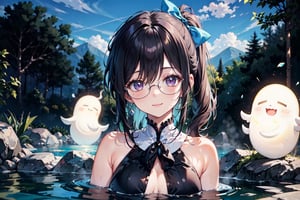 A girl with glasses, a 20-year-old beautiful girl, cool dress, smiling, with a mole under her right eye, long wavy hair, long hair shawl, long side ponytail, waist-length hair, sky blue two-color long hair , pleated long skirt, short sleeves, off the shoulders, 2 white ghosts, in the hot spring pool, soaking in the hot spring,,,,         It depicts a cute smiling girl drawing in the shadows. Her hair is semi-long, and her hair color is random purple. Behind the simple background is a double exposure scene of colorful paint spread inside an oval. She is holding a brush and has a creative look on her face. The optimal lens effect and soft lighting make the shadows stand out, and the effects bring out the fun of art. The slender, decorated frame brings the whole look together. ,1girl,fantasy girl,VNS_Add more details,Color,animedia