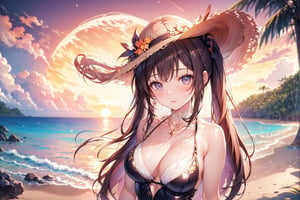 Sun-kissed waves gently lap at the shore as a stunning 18-year-old girl poses in a breastless dress, her long brown locks flowing in soft waves. She wears pigtails and a delicate necklace, with stockings and high heels adding a touch of sophistication to her beachy ensemble. The sun casts a warm glow on her face, while a sun hat shields her eyes from the bright sky. In the distance, the majestic moon hangs low, its gentle light illuminating the serene atmosphere.