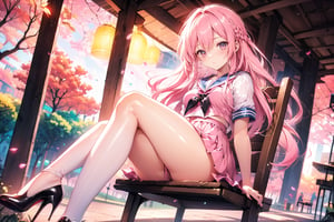 A 20-year-old girl in the park, rocking chair, long pink hair, wavy hair, pink sailor suit, stockings, high heels,