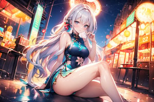 A 22-year-old girl with long hair above the waist, wavy hair, side ponytail, wearing a Ferris wheel, short top, short skirt, cheongsam, off-shoulder, high heels, silver long hair, light blue long hair, light green long hair ,