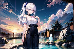 A girl with glasses, a 20-year-old beautiful girl, cool dress, smiling, with a mole under her right eye, long wavy hair, long hair shawl, long side ponytail, waist-length hair, sky blue two-color long hair , pleated long skirt, short sleeves, off the shoulders, 2 white ghosts, in the hot spring pool, soaking in the hot spring,,,,         