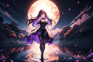 A 20-year-old girl, with her long lavender locks flowing like a river's currents, stands poised at the lake's edge. Her wavy hair glistens in the soft light as she dons a black Gothic dress that seems to absorb the surroundings, yet contrasts beautifully with the lace stockings and high heels. The water ripples softly behind her, creating a sense of serenity amidst the darkness of her attire.