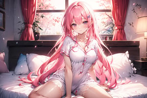 A 20-year-old girl in a room, lace bed, long pink hair, wavy hair, white lace pajamas, lace socks,