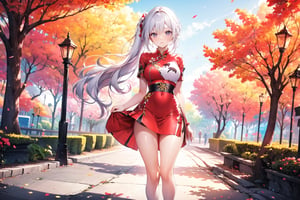 A 20-year-old girl with a smile, waist-length, wavy hair, side ponytail, white and red cheongsam, short skirt, sandals, silver-white hair, in the park