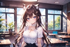 1girl, long hair, breasts, looking at viewer, blush, bangs, blue eyes, multiple girls, skirt, brown hair, shirt, hair ornament, 2girls, animal ears, cleavage, jewelry, medium breasts, closed mouth, standing, collarbone, white shirt, braid, short sleeves, pleated skirt, earrings, indoors, cat ears, black skirt, animal ear fluff, window, single braid, chair, extra ears, desk, shirt tucked in