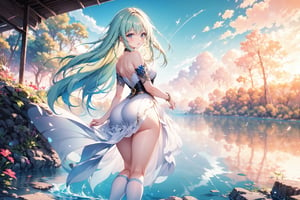 A serene lakeside scene unfolds as a radiant 20-year-old girl poses with an ethereal glow. Her long, flowing light green locks cascade down her back like a verdant waterfall. The wavy hair frames her heartwarming smile, which brightens up the atmosphere. A delicate white lace skirt and matching socks adorn her petite figure, while high heels add a touch of sophistication. Spread across her shoulders are majestic wings, their feathery textures glistening in the soft lake breeze. In the background, the calm waters lap gently against the shore, creating a sense of peaceful harmony.