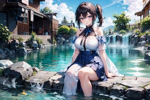 A girl with glasses, a 20-year-old beautiful girl, cool dress, smiling, with a mole under her right eye, long wavy hair, long hair shawl, long side ponytail, waist-length hair, sky blue two-color long hair , pleated long skirt, short sleeves, off the shoulders, 2 white ghosts, in the hot spring pool, soaking in the hot spring,,,,         