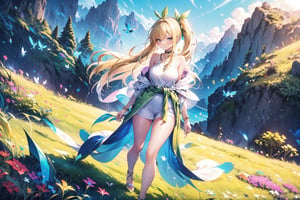 A 22-year-old girl with long hair above the waist, wavy hair, side ponytail, on the mountain grass, short shirt, off-shoulder, tulle shawl, high heels, light green long hair, long white hair, butterfly, Big bow headband