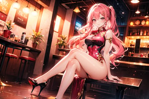 A 20-year-old girl with a smile, waist-long wavy hair, side ponytail, red and gold cheongsam, stockings, high heels, pink-green long hair, in a coffee shop