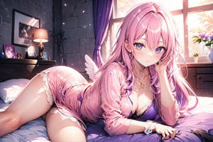 An 18-year-old girl in the room, lace bed, long pink and purple hair, wavy hair, white lace pajamas, lace socks, bunny, angel, devil, wings