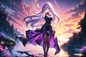 A 20-year-old girl, with long lavender hair, wavy hair, black Gothic dress, lace stockings, high heels, water ripples, by the lake