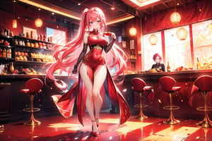 A 17-year-old girl with a smile, waist-long wavy hair, side ponytail, red and gold cheongsam, stockings, high heels, and long pink hair, is in the snack bar,