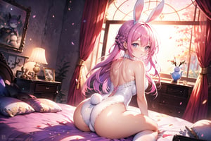 Soft focus shot of an 18-year-old girl sitting on a lace-covered bed, surrounded by whimsical elements. Her long, wavy pink and purple hair cascades down her back as she lounges in white lace pajamas and matching lace socks. A bunny, angel, and devil figurines sit nearby, each with delicate wings, subtly illuminated by soft morning light.