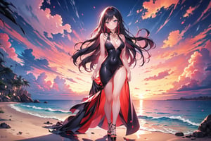 A 25-year-old girl, at the beach, with long black hair, wavy hair, breastless evening dress, stockings, high heels, angel,
