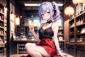 1 girl with glasses, 1 22-year-old girl, smiling, waist-length hair, knee-length hair, wavy hair, side ponytail hair, mixed-color long hair, gradient long hair, chest-baring top, white Red top, short skirt, sandals, long lavender hair, in a beverage shop,