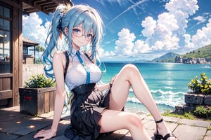 1 girl with glasses, 19-year-old girl, smiling, waist-length hair, knee-length hair, wavy hair, side ponytail hair, mixed-color long hair, gradient long hair, two-color ponytail, one-piece Skirt, short skirt, sandals, off-white long hair, sky blue long hair, outdoors,,,,