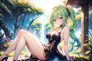 A whimsical portrait of an 18-year-old girl lounging on a lush green meadow, her long, wavy locks of light green hair styled in loose pigtails that cascade down her back like a waterfall. A delicate breastless dress flows around her legs, its hemline grazing the tips of her high heels. Her slender legs are adorned with sheer stockings, adding an air of innocence to her playful demeanor. A sparkling necklace glimmers around her neck as she smiles mischievously, one half of her face illuminated by a warm sunbeam, while the other half is shrouded in shadow, as if two distinct personalities - angel and devil - are vying for dominance within her.