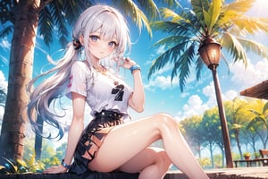 A 20-year-old girl with a smile, waist-long, wavy hair, side ponytail, short top, short skirt, sandals, and long silver-white hair, in the park
