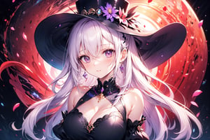 1girl, solo, long hair, breasts, looking at viewer, smile, bangs, blue eyes, large breasts, long sleeves, hat, dress, cleavage, bare shoulders, jewelry, medium breasts, closed mouth, purple eyes, upper body, flower, white hair, earrings, detached sleeves, sleeveless, puffy sleeves, wide sleeves, black dress, petals, black headwear, top hat, purple flower, hat flower