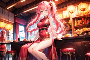 A 22-year-old girl with a smile, waist-long wavy hair, side ponytail, red and gold cheongsam, stockings, high heels, and long pink hair, in the snack bar