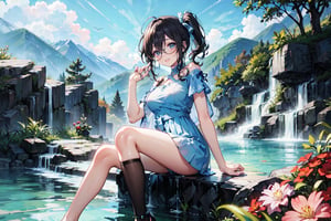 A girl with glasses, a 20-year-old beautiful girl, cool dress, smiling, with a mole under her right eye, long wavy hair, long hair shawl, long side ponytail, waist-length hair, sky blue two-color long hair , pleated long skirt, short sleeves, off the shoulders, 2 white ghosts, in the hot spring pool, soaking in the hot spring,,,,         anime girl, elegant outfit (elegant dress, black heels), colorful brushstrokes in background, masterpiece, Ink art style