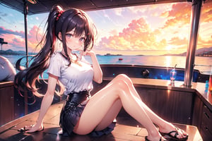 A 20-year-old girl with a smile, waist-long wavy hair, side ponytail, short top, short skirt, sandals, light blue long hair, on the board of a yacht