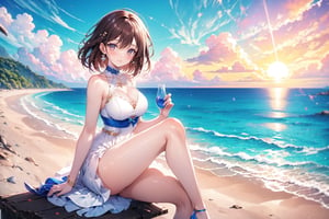 A young woman with short, brown hair and warm brown eyes stands confidently on a sun-kissed beach, looking directly at the viewer with a bright smile. She wears a dress that falls just above her knees, paired with high heels and elegant earrings. The sky above is a brilliant blue, with only a few puffy clouds drifting lazily across it. In the distance, the ocean stretches out to the horizon, its waves gently lapping at the shore. The woman's gaze is focused on something in the distance, her eyes squinting slightly as she takes in the breathtaking view.