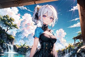 A girl with glasses, a 20-year-old beautiful girl, cool dress, smiling, with a mole under her right eye, long wavy hair, long hair shawl, long side ponytail, waist-length hair, sky blue two-color long hair , pleated long skirt, short sleeves, off the shoulders, 2 white ghosts, in the hot spring pool, soaking in the hot spring,,,,         It depicts a cute smiling girl looking up at the sky in the shadows. Her hairstyle is a curly bob, and her hair color is random pink. Behind the simple background is a double exposure of a fantastic cloud scene inside an oval. She opens her arms and looks like she's about to dive into a dream world. Optimal lens effects and soft lighting emphasize shadows and create a dreamlike atmosphere with effects. The thin, decorated frame adds a touch of elegance to the overall look. ,1girl,fantasy girl,VNS_Add more details,Color,anime