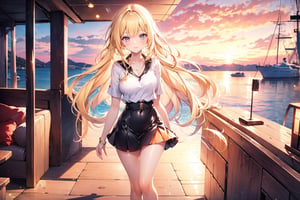 A 20-year-old girl with a smile, waist-long wavy hair, side ponytail, short top, short skirt, sandals, long light blonde hair, on the board of a yacht
