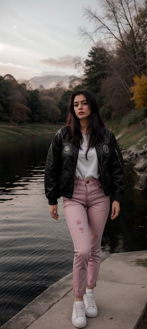 An elegant and captivating 35-year-old Indian woman with long, flowing black hair. She's wearing a chic pink patterned jacket over black jeans, along with a varsity jacket and white shoes. She is standing gracefully by the lakeside, enjoying the serene view