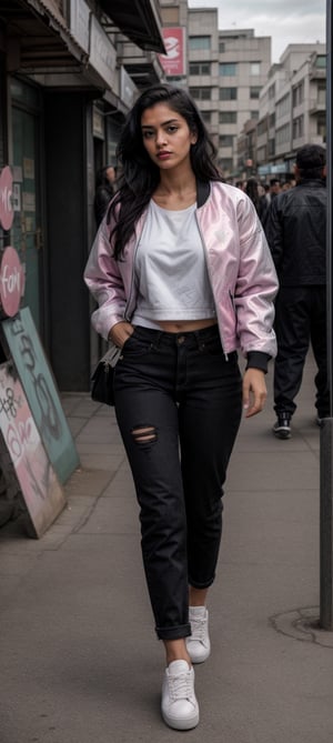 A stunning 35-year-old Indian woman with long, sleek black hair, dressed in a stylish pink patterned jacket and black jeans, accompanied by a varsity jacket and white shoes. She is confidently strolling through a bustling city street, capturing the vibrant urban energy