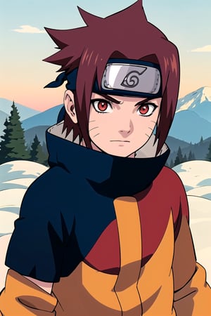 masterpiece, best quality, 1boy,red hair, red eyes, forehead protector,  shirt,  upper body, looking at viewer, outdoors, winter, snow, trees, moutains in background ,naruto uzumaki,link,uzumaki naruto