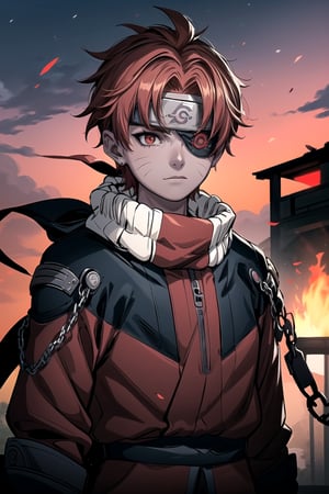masterpiece, best quality, 1boy,red hair, red eyes, forehead protector,  kimono, long hair  upper body, looking at viewer, outdoors, battlefield,  fire in background, naruto uzumaki ,uzumaki naruto, red hair hairband,ninja,red theme,whisker_markings,bangs,scar ,eye patch,katana,chains,damien,red_eye,red hair,whiskers,ponytail.red theme,diluc (genshin impact),link,Details++,niji man male