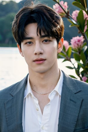 Handsome, best quality, masterpiece, (photorealistic:1.4), 1boy, glass, solo, short 
  blue hair, leather suit,long sleeves, upper body, dramatic lighting, looking at viewer, standing, outdoors, rural, flowers, lake, sunshine, ,kpop,perfecteyes,Realism,Portrait