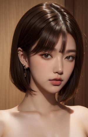 1girl, solo, looking at viewer, short hair, bangs, simple background, brown hair, bare shoulders, brown eyes, jewelry, collarbone, upper body, nude, earrings, black eyes, lips, portrait, realistic, nose, KKK2